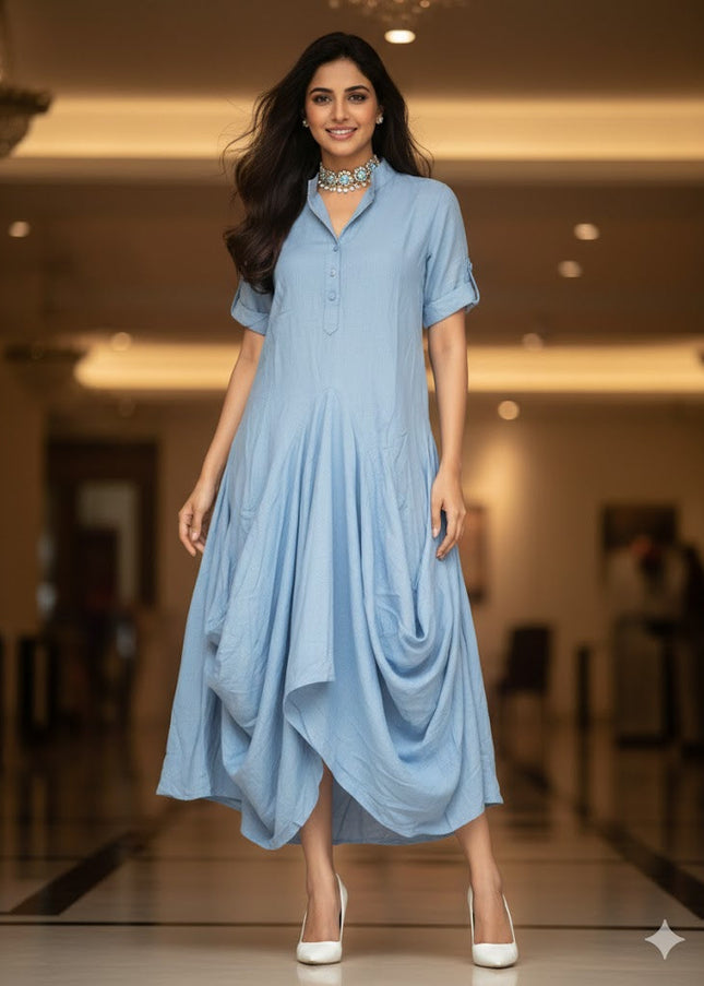 Blue Cowl Flow Midi Dress for Women
