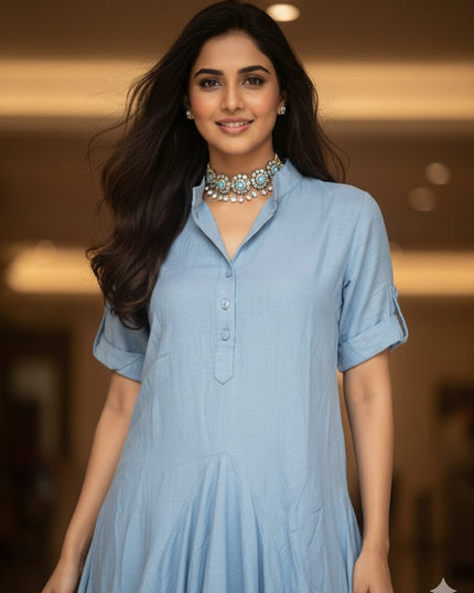 Blue Cowl Flow Midi Dress for Women