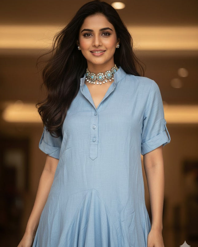 Blue Cowl Flow Midi Dress for Women