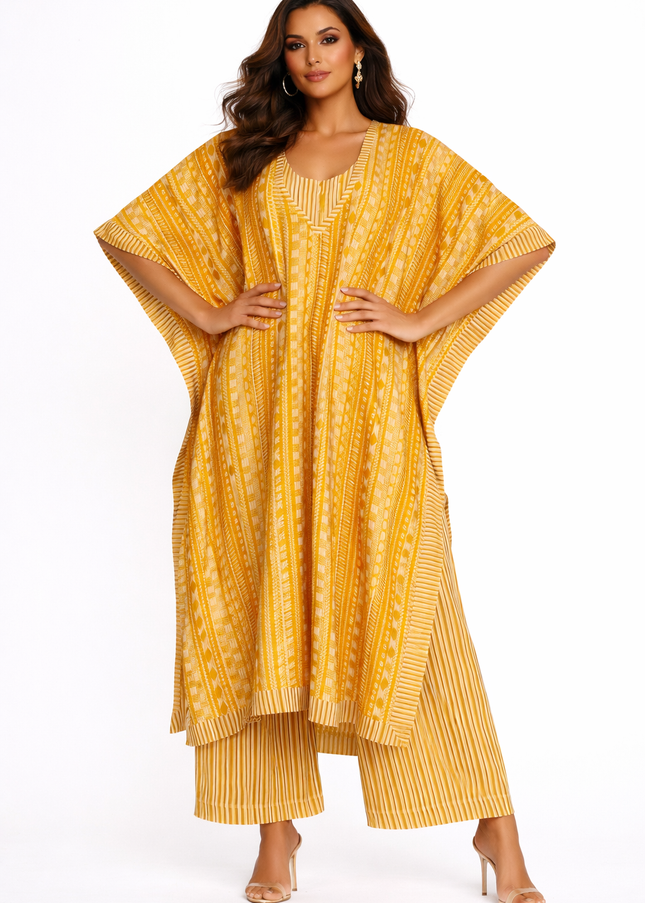 Mustard Long Kaftan Set with Crop Top & Palazzo