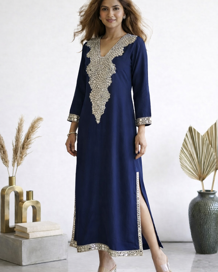 Women’s Blue Long Kaftan Dress Mirror Work Festive Ethnic Outfit