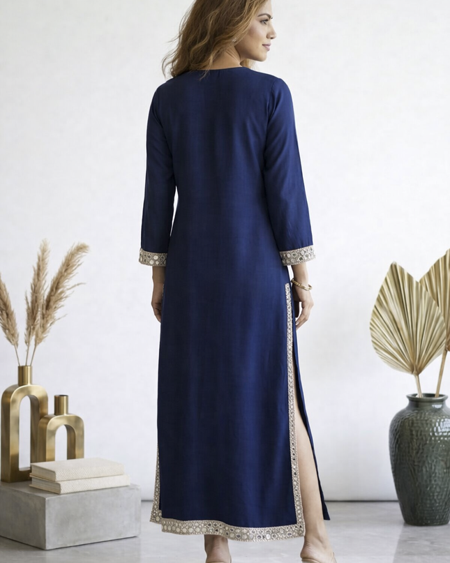 Women’s Blue Long Kaftan Dress Mirror Work Festive Ethnic Outfit