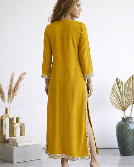 Mustard Embellished Kaftan Dress