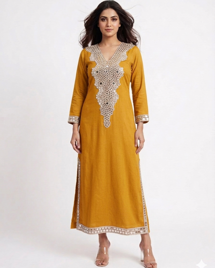 Mustard Embellished Kaftan Dress