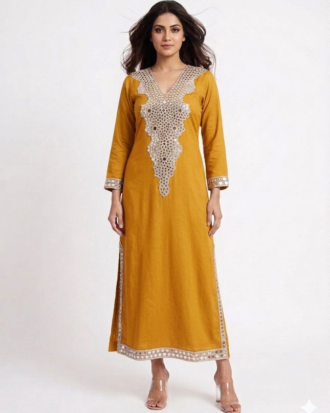 Mustard Embellished Kaftan Dress