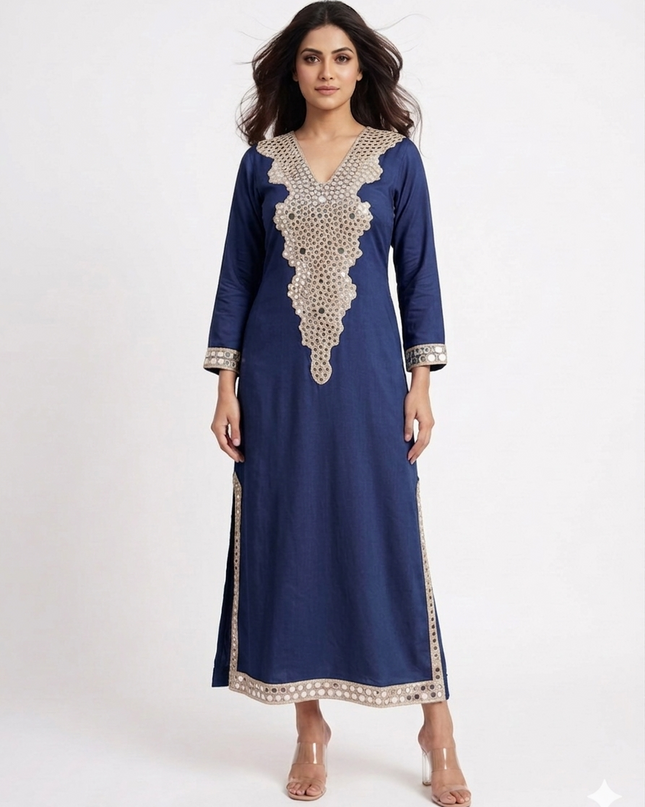 Women’s Blue Long Kaftan Dress Mirror Work Festive Ethnic Outfit