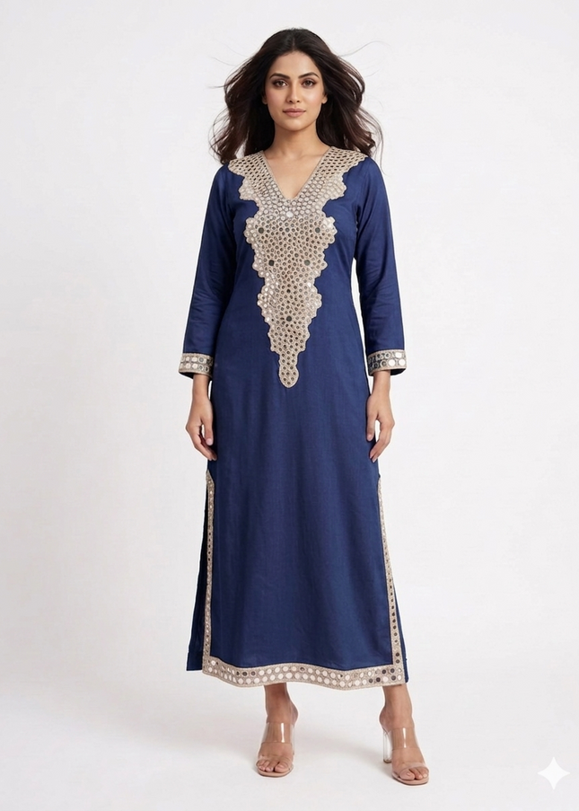 Women’s Blue Long Kaftan Dress Mirror Work Festive Ethnic Outfit
