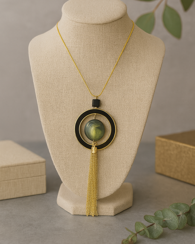 Antique Gold Tassel Pendant Necklace with Enamel Accent