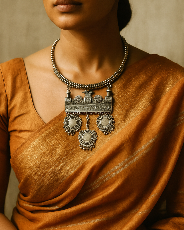Temple Motif Antique Oxidised Statement Necklace