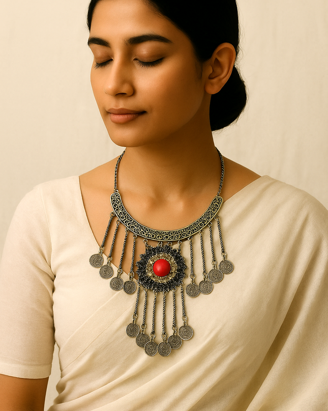 Heritage Red Stone Oxidised Statement Necklace