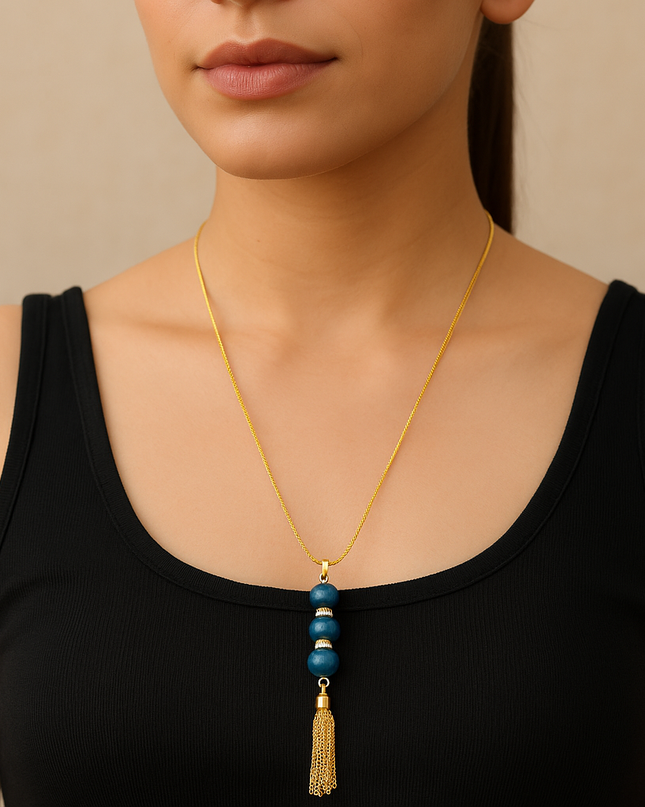 Blue Bead Tassel Pendant Necklace for Women