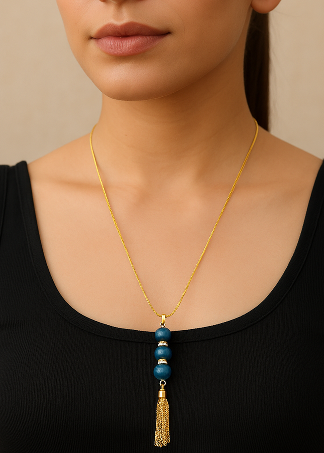 Blue Bead Tassel Pendant Necklace for Women