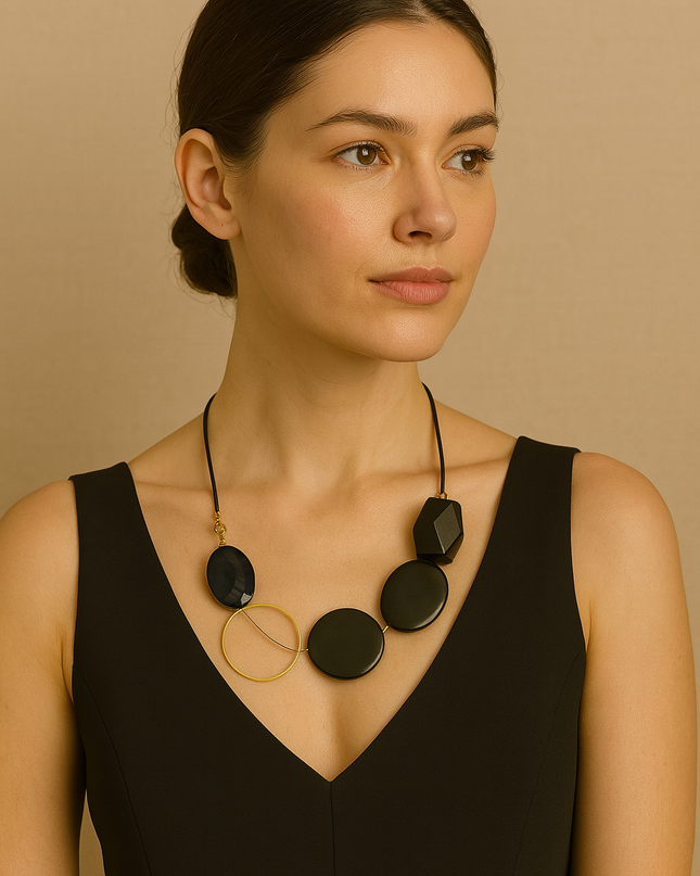 Bold Black Disc Statement Necklace with Gold Accent