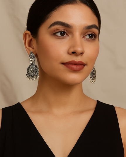 Festive Oxidised Dome Earrings with Pearls