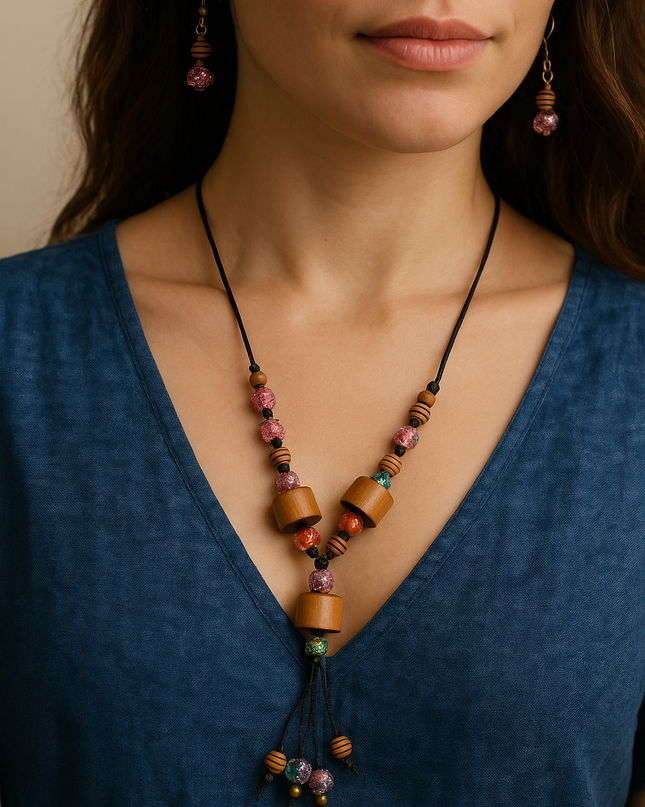 Handcrafted Wooden Bead Necklace Set