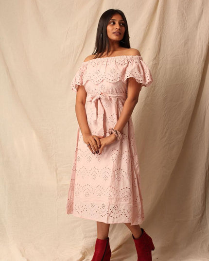 Peach Off Shoulder Chiffon Dress for Women Canada