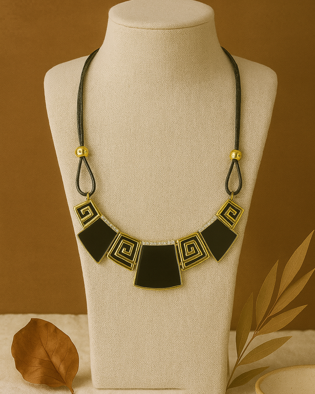 Boho Chic Black Thread and Square Motif Necklace