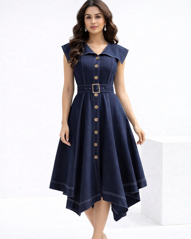 Blue Slub Cotton Dress Elegant Midi Style
