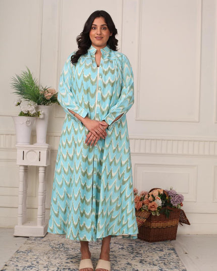 Aqua Blue Ikat Handloom Shirt Dress for Women