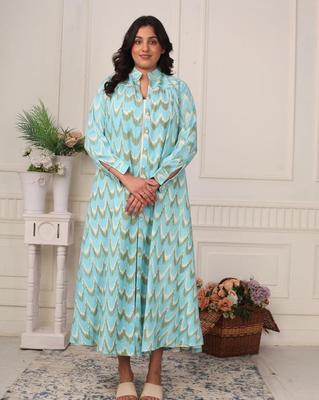Aqua Blue Ikat Handloom Shirt Dress for Women